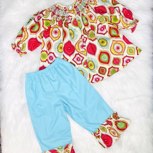 Le Za Me Funky Winter Print Smocked Top + Ruffle Pants Matching Set Outfit 24m - Picture 4 of 7